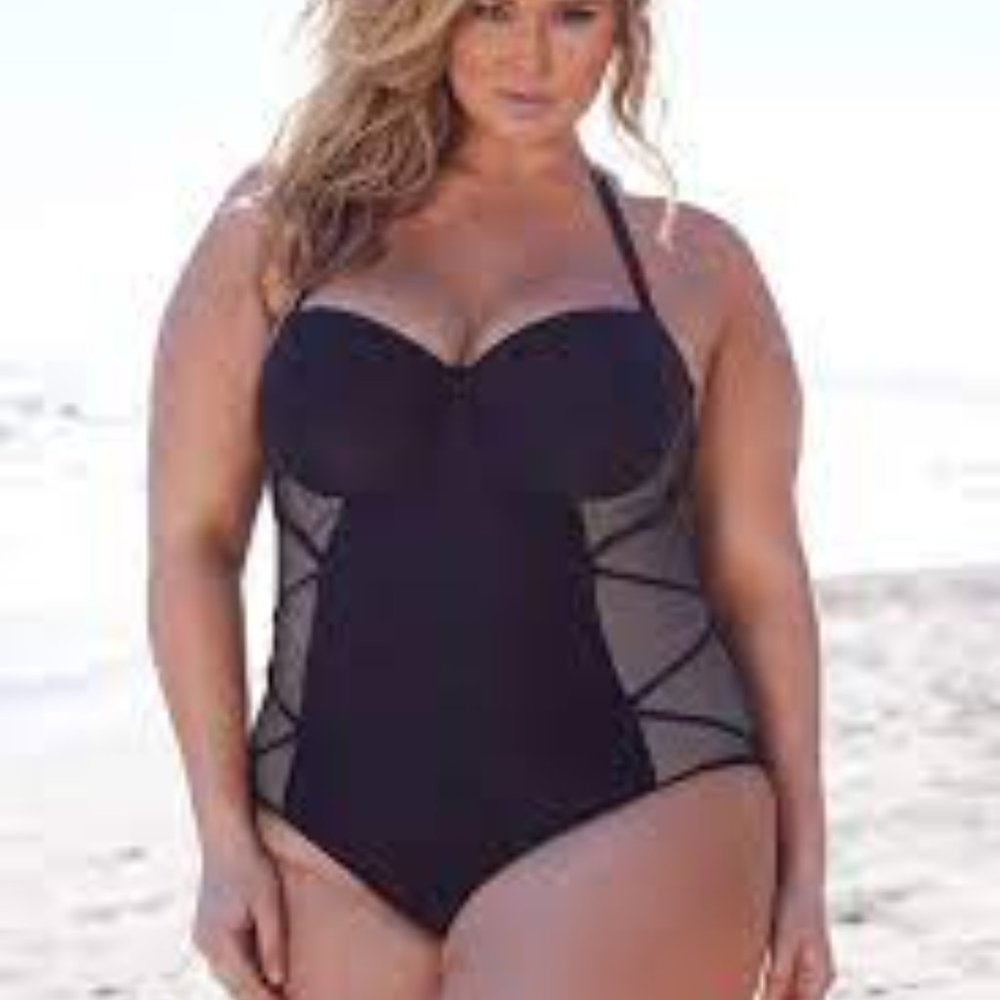 Hunter McGrady Playful Promises Black One Piece Swimsuit Size 44DD NWT